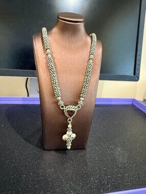 Stunning One-of-a-Kind Sterling Silver Caviar Beaded & Garnet Oxidized Necklace